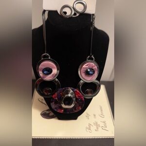 Fashion Jewelry Pink and Black Circles Statement Necklace Set